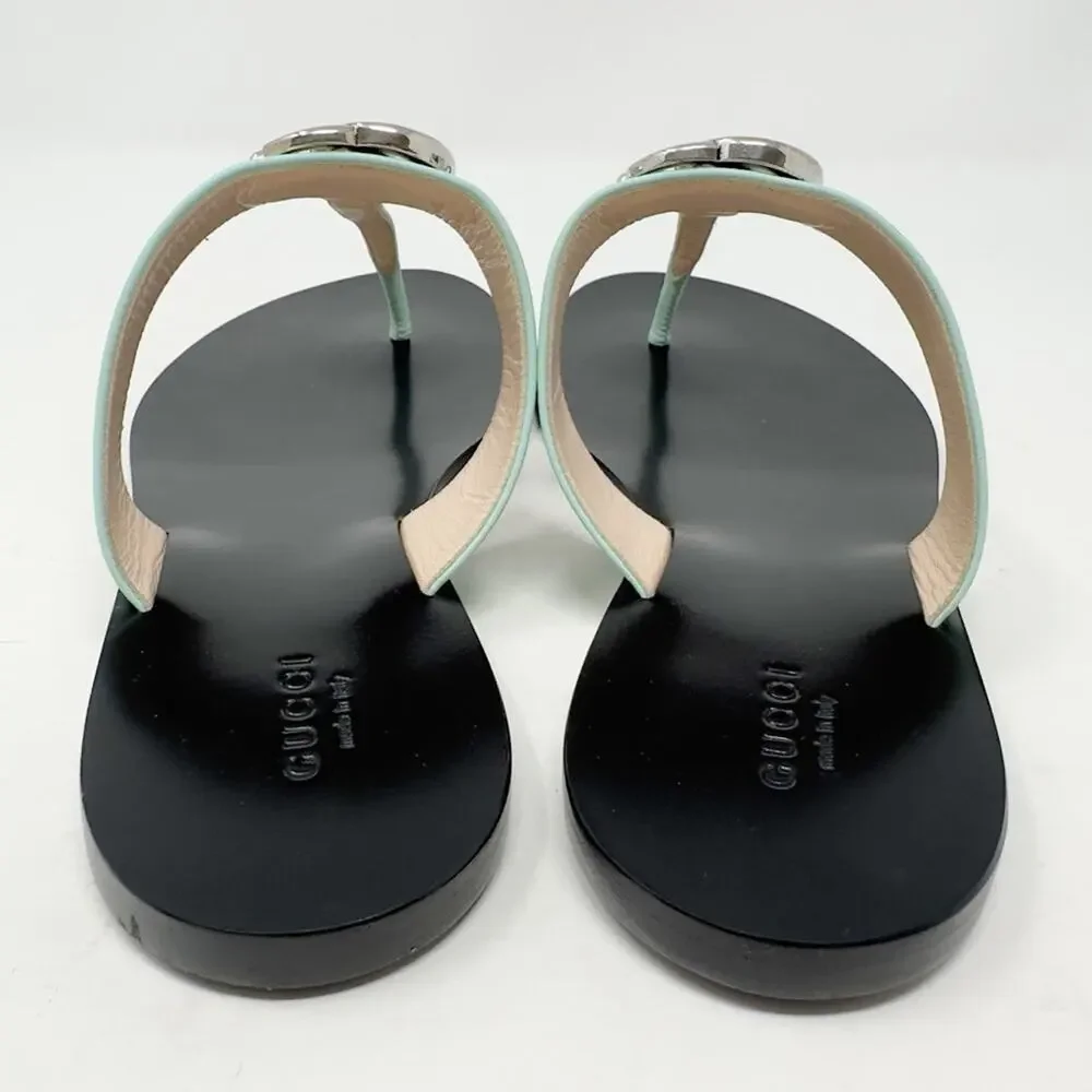 Gucci GG Marmont Mint Green Leather Flat Thong Sandals Womens Size EU 39
